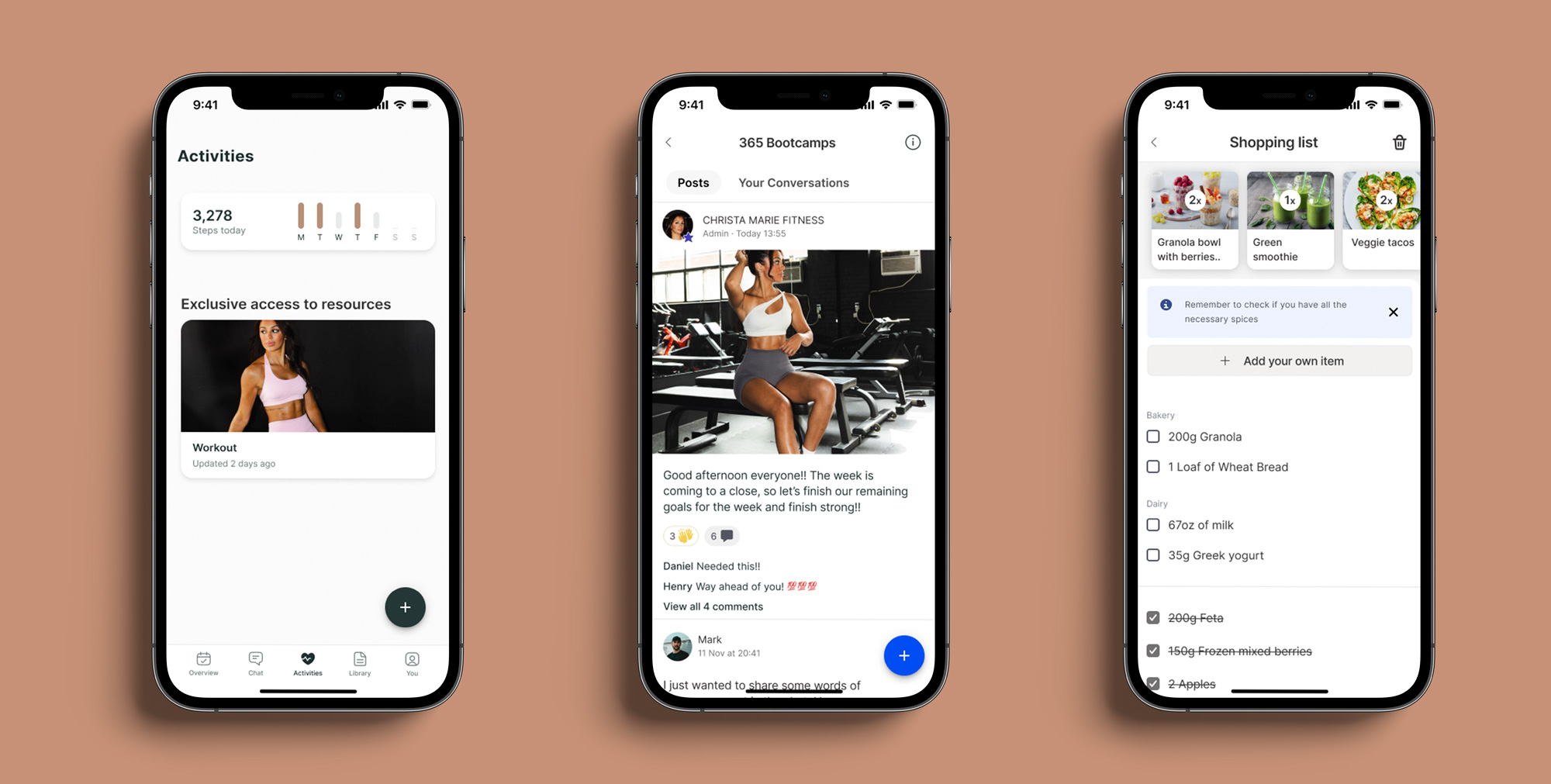 A mockup of the coaching app showcasing the different features.